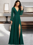 Audrina A-Line V-neck Floor-Length Chiffon Bridesmaid Dress With Split Front UKP0016464