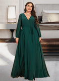 Audrina A-Line V-neck Floor-Length Chiffon Bridesmaid Dress With Split Front UKP0016464