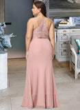 Seraphina A-Line High Neck Floor-Length Chiffon Bridesmaid Dress With Lace Split Front UKP0016465