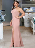 Seraphina A-Line High Neck Floor-Length Chiffon Bridesmaid Dress With Lace Split Front UKP0016465