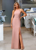 Seraphina A-Line High Neck Floor-Length Chiffon Bridesmaid Dress With Lace Split Front UKP0016465