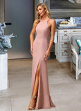 Seraphina A-Line High Neck Floor-Length Chiffon Bridesmaid Dress With Lace Split Front UKP0016465