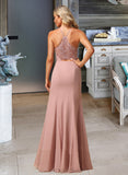 Seraphina A-Line High Neck Floor-Length Chiffon Bridesmaid Dress With Lace Split Front UKP0016465