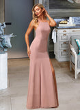 Seraphina A-Line High Neck Floor-Length Chiffon Bridesmaid Dress With Lace Split Front UKP0016465