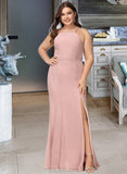 Seraphina A-Line High Neck Floor-Length Chiffon Bridesmaid Dress With Lace Split Front UKP0016465