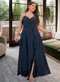 Hillary A-Line V-neck Floor-Length Chiffon Bridesmaid Dress With Split Front UKP0016466