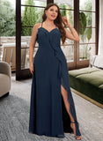 Hillary A-Line V-neck Floor-Length Chiffon Bridesmaid Dress With Split Front UKP0016466