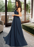 Hillary A-Line V-neck Floor-Length Chiffon Bridesmaid Dress With Split Front UKP0016466