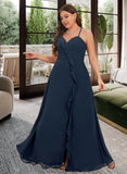 Hillary A-Line V-neck Floor-Length Chiffon Bridesmaid Dress With Split Front UKP0016466