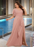 Abbigail A-Line V-neck Floor-Length Chiffon Bridesmaid Dress With Ruffle Split Front UKP0016469