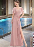 Abbigail A-Line V-neck Floor-Length Chiffon Bridesmaid Dress With Ruffle Split Front UKP0016469