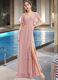 Abbigail A-Line V-neck Floor-Length Chiffon Bridesmaid Dress With Ruffle Split Front UKP0016469