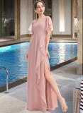 Abbigail A-Line V-neck Floor-Length Chiffon Bridesmaid Dress With Ruffle Split Front UKP0016469