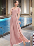 Abbigail A-Line V-neck Floor-Length Chiffon Bridesmaid Dress With Ruffle Split Front UKP0016469