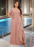 Abbigail A-Line V-neck Floor-Length Chiffon Bridesmaid Dress With Ruffle Split Front UKP0016469