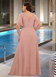 Abbigail A-Line V-neck Floor-Length Chiffon Bridesmaid Dress With Ruffle Split Front UKP0016469