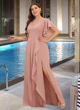 Abbigail A-Line V-neck Floor-Length Chiffon Bridesmaid Dress With Ruffle Split Front UKP0016469