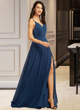 Josie A-Line V-neck Floor-Length Chiffon Bridesmaid Dress With Split Front UKP0016471