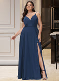 Josie A-Line V-neck Floor-Length Chiffon Bridesmaid Dress With Split Front UKP0016471