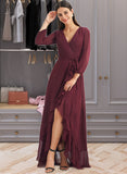 Saniya A-Line V-neck Asymmetrical Chiffon Bridesmaid Dress With Ruffle Split Front UKP0016473