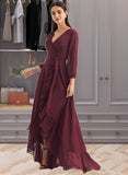 Saniya A-Line V-neck Asymmetrical Chiffon Bridesmaid Dress With Ruffle Split Front UKP0016473