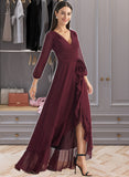 Saniya A-Line V-neck Asymmetrical Chiffon Bridesmaid Dress With Ruffle Split Front UKP0016473