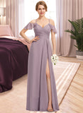 Elena A-Line V-neck Cold Shoulder Floor-Length Chiffon Bridesmaid Dress With Ruffle Split Front Cascading Ruffles UKP0016475