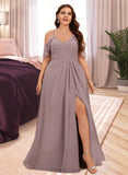 Elena A-Line V-neck Cold Shoulder Floor-Length Chiffon Bridesmaid Dress With Ruffle Split Front Cascading Ruffles UKP0016475