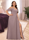 Elena A-Line V-neck Cold Shoulder Floor-Length Chiffon Bridesmaid Dress With Ruffle Split Front Cascading Ruffles UKP0016475