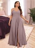 Elena A-Line V-neck Cold Shoulder Floor-Length Chiffon Bridesmaid Dress With Ruffle Split Front Cascading Ruffles UKP0016475