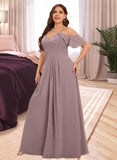 Elena A-Line V-neck Cold Shoulder Floor-Length Chiffon Bridesmaid Dress With Ruffle Split Front Cascading Ruffles UKP0016475