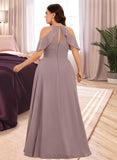 Elena A-Line V-neck Cold Shoulder Floor-Length Chiffon Bridesmaid Dress With Ruffle Split Front Cascading Ruffles UKP0016475