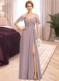 Elena A-Line V-neck Cold Shoulder Floor-Length Chiffon Bridesmaid Dress With Ruffle Split Front Cascading Ruffles UKP0016475