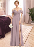 Elena A-Line V-neck Cold Shoulder Floor-Length Chiffon Bridesmaid Dress With Ruffle Split Front Cascading Ruffles UKP0016475