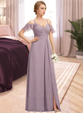 Elena A-Line V-neck Cold Shoulder Floor-Length Chiffon Bridesmaid Dress With Ruffle Split Front Cascading Ruffles UKP0016475