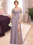 Elena A-Line V-neck Cold Shoulder Floor-Length Chiffon Bridesmaid Dress With Ruffle Split Front Cascading Ruffles UKP0016475