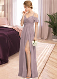 Elena A-Line V-neck Cold Shoulder Floor-Length Chiffon Bridesmaid Dress With Ruffle Split Front Cascading Ruffles UKP0016475