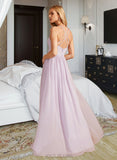 Elisa A-Line V-neck Asymmetrical Chiffon Bridesmaid Dress With Ruffle Split Front UKP0016476