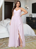 Elisa A-Line V-neck Asymmetrical Chiffon Bridesmaid Dress With Ruffle Split Front UKP0016476