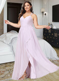 Elisa A-Line V-neck Asymmetrical Chiffon Bridesmaid Dress With Ruffle Split Front UKP0016476