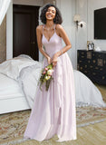 Elisa A-Line V-neck Asymmetrical Chiffon Bridesmaid Dress With Ruffle Split Front UKP0016476