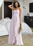 Elisa A-Line V-neck Asymmetrical Chiffon Bridesmaid Dress With Ruffle Split Front UKP0016476