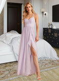 Elisa A-Line V-neck Asymmetrical Chiffon Bridesmaid Dress With Ruffle Split Front UKP0016476