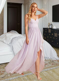 Elisa A-Line V-neck Asymmetrical Chiffon Bridesmaid Dress With Ruffle Split Front UKP0016476