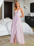 Elisa A-Line V-neck Asymmetrical Chiffon Bridesmaid Dress With Ruffle Split Front UKP0016476