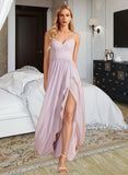 Elisa A-Line V-neck Asymmetrical Chiffon Bridesmaid Dress With Ruffle Split Front UKP0016476