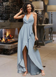 Mabel A-line V-Neck Asymmetrical Chiffon Bridesmaid Dress UKP0016477