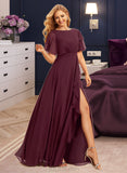 Reagan A-Line Scoop Neck Floor-Length Chiffon Bridesmaid Dress With Ruffle Split Front UKP0016478