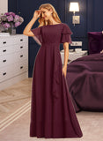 Reagan A-Line Scoop Neck Floor-Length Chiffon Bridesmaid Dress With Ruffle Split Front UKP0016478