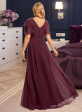 Reagan A-Line Scoop Neck Floor-Length Chiffon Bridesmaid Dress With Ruffle Split Front UKP0016478